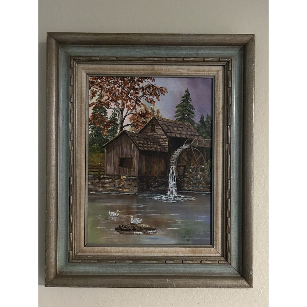 Vintage 1985 Oil Painting Ruth Wrack – Old Mill & Swans – Framed 23x19